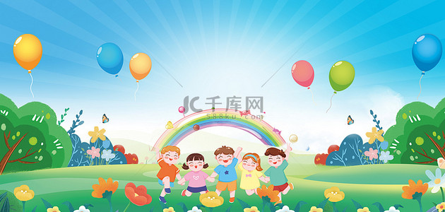 彩虹春天背景图片_六一儿童节花朵春天夏天气球植物彩虹背景