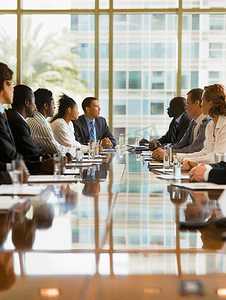 多种族业务团队围绕董事会桌子召开会议