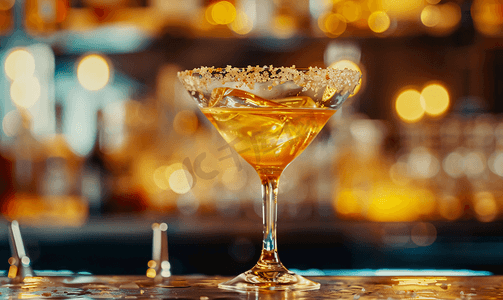 水果栏摄影照片_酒吧桌上青铜玻璃杯中加有熔融糖的酒精鸡尾酒