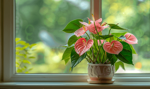 红色花卉盆栽摄影照片_窗台家庭园艺家庭植物中粉红色盛开的红掌花