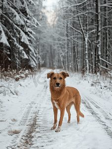 太阳阴影摄影照片_森林冬季道路上被遗弃的狗