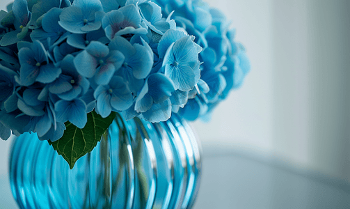 桌子花瓶摄影照片_蓝色光泽花瓶与绣球花室内装饰的特写