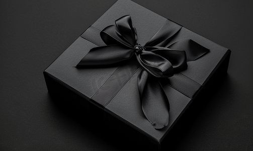 金色标签摄影照片_黑色礼品盒带黑色丝带孤立在黑色背景上