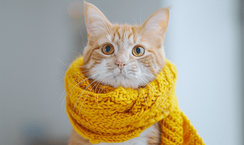 宠物家摄影照片_室内背景中戴着黄色围巾的好奇橙色和白色虎斑猫