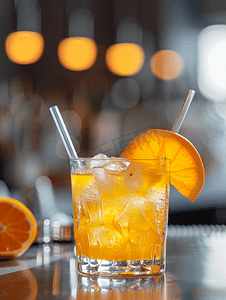 酒吧桌上银杯中加冰和橙子的酒精鸡尾酒