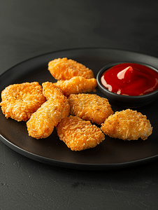 烤炸食品摄影照片_黑盘上加番茄酱的炸脆鸡块不健康食品