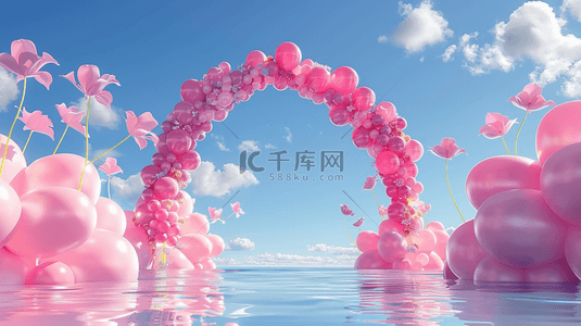 儿童节背景图片_六一水面上粉色卡通3D花朵气球拱门背景图