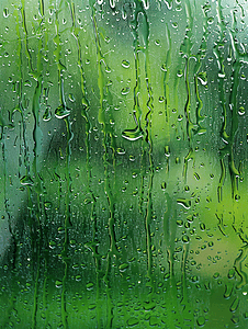 湿窗玻璃上的雨滴和温度计