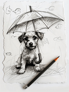 插图和绘画摄影照片_狗和雨伞和黑色铅笔的素描