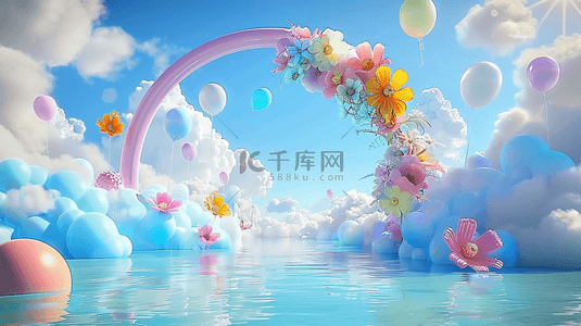 六一蓝粉色卡通3D花朵气球拱门背景素材