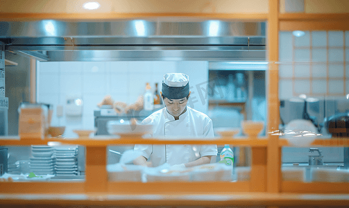 日本餐厅开放式厨房的厨师模糊