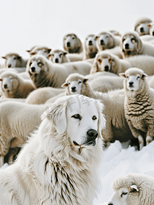 山羊群摄影照片_白色比利牛斯山狗与羊群