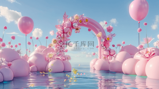 儿童节背景图片_六一水面上粉色卡通3D花朵气球拱门设计图