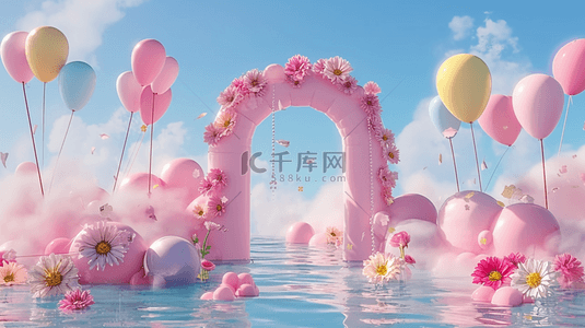 儿童节背景图片_六一水面上粉色卡通3D花朵气球拱门背景
