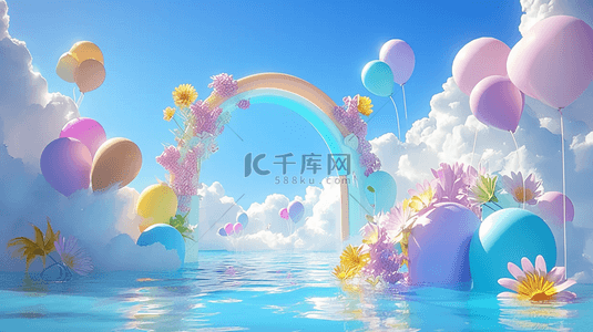 浪漫图片背景图片_六一水面上蓝粉色卡通3D花朵气球拱门图片