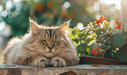 美丽的猫摄影照片_家庭花园中美丽的波斯品种猫特写镜头