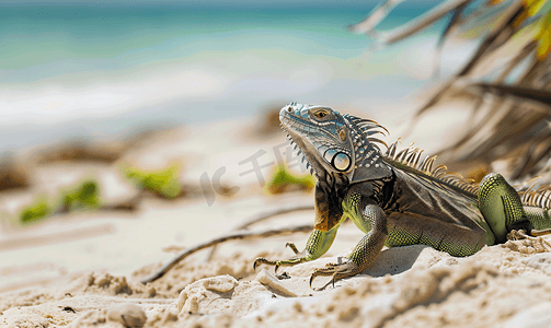 沙滩上生物摄影照片_墨西哥坎昆附近沙滩上的鬣蜥