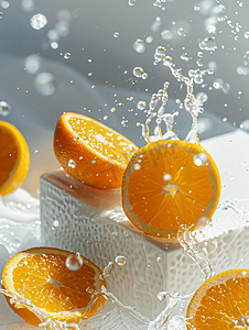 插图和绘画摄影照片_新鲜橙子水果和包装盒有滴水