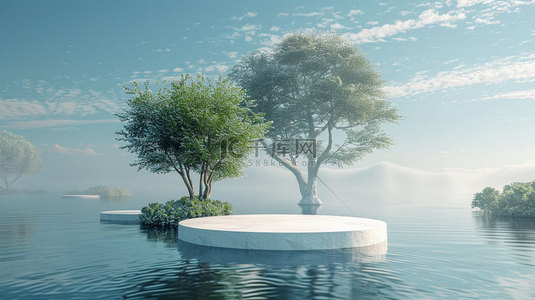 展台树木水面合成创意素材背景