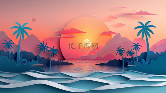 椰树大海夕阳合成创意素材背景