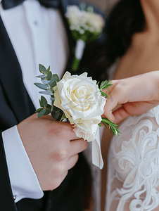 婚礼当天新娘为新郎戴上白玫瑰胸花