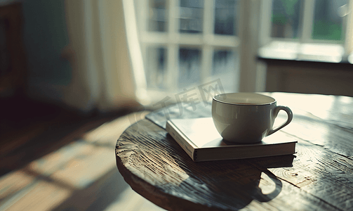 木桌上的书和咖啡杯