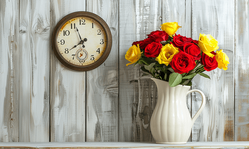 墙上的钟和罐子里的新鲜红黄玫瑰