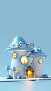 蓝色快乐背景图片_蓝色六一儿童节3D童话蘑菇屋素材