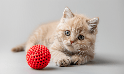 红蓝圆框摄影照片_可爱的躺着米色蓝眼睛的苏格兰小猫带红球