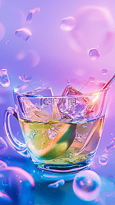 夏日一杯冰块冷饮柠檬水背景图