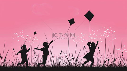 风筝背景图片_快乐六一儿童节玩耍的孩子们剪影素材