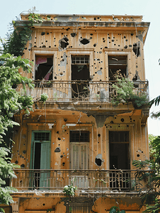 黎巴嫩贝鲁特布满弹孔的房屋