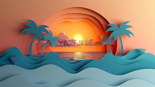 椰树大海夕阳合成创意素材背景