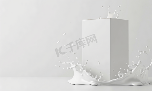 牛奶流动背景摄影照片_牛奶纸盒包装和牛奶溅在白色背景上孤立