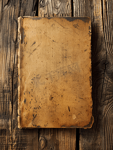 木桌背景上空白的旧笔记本