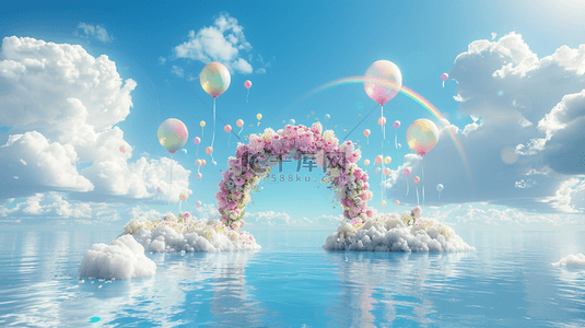 浪漫图片背景图片_六一水面上蓝粉色卡通3D花朵气球拱门图片