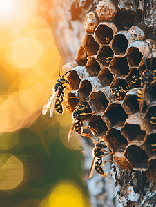 黑色黄摄影照片_黄蜂和黄蜂巢在自然界