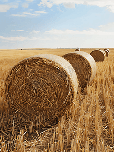 收获的田间牛床中堆放着巨大的干草卷捆