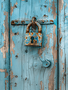 木门上蓝色旧生锈的未锁挂锁