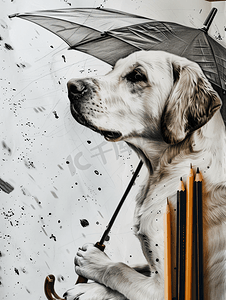 狗和雨伞和黑色铅笔的素描
