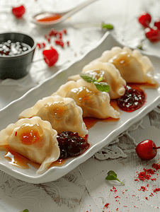 热饺子摄影照片_美味的饺子配樱桃和果酱