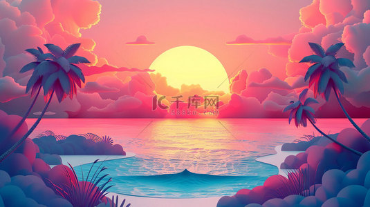 大海椰树背景图片_椰树大海夕阳合成创意素材背景