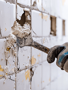 工人拆除浴室里的旧瓷砖