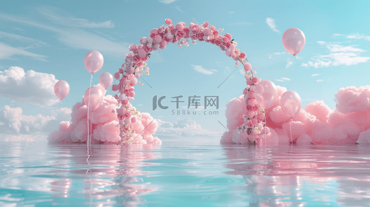 浪漫图片背景图片_六一水面上粉色卡通3D花朵气球拱门2图片