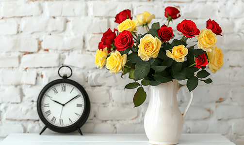 墙上的钟和罐子里的新鲜红黄玫瑰