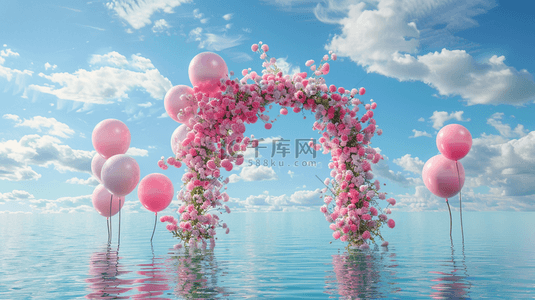 粉色卡通气球背景图片_六一水面上粉色卡通3D花朵气球拱门背景图