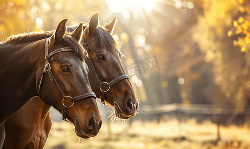 两匹戴着眼罩的马站在路边的阳光下