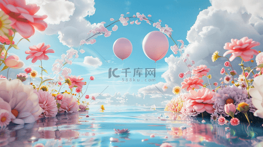 粉色的花朵素材背景图片_六一水面上蓝粉色卡通3D花朵气球拱门素材