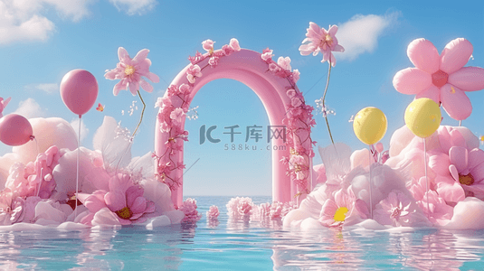 儿童节背景图片_六一水面上粉色卡通3D花朵气球拱门图片