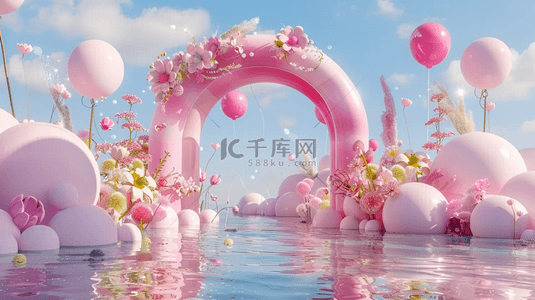 六一水面上粉色卡通3D花朵气球拱门图片